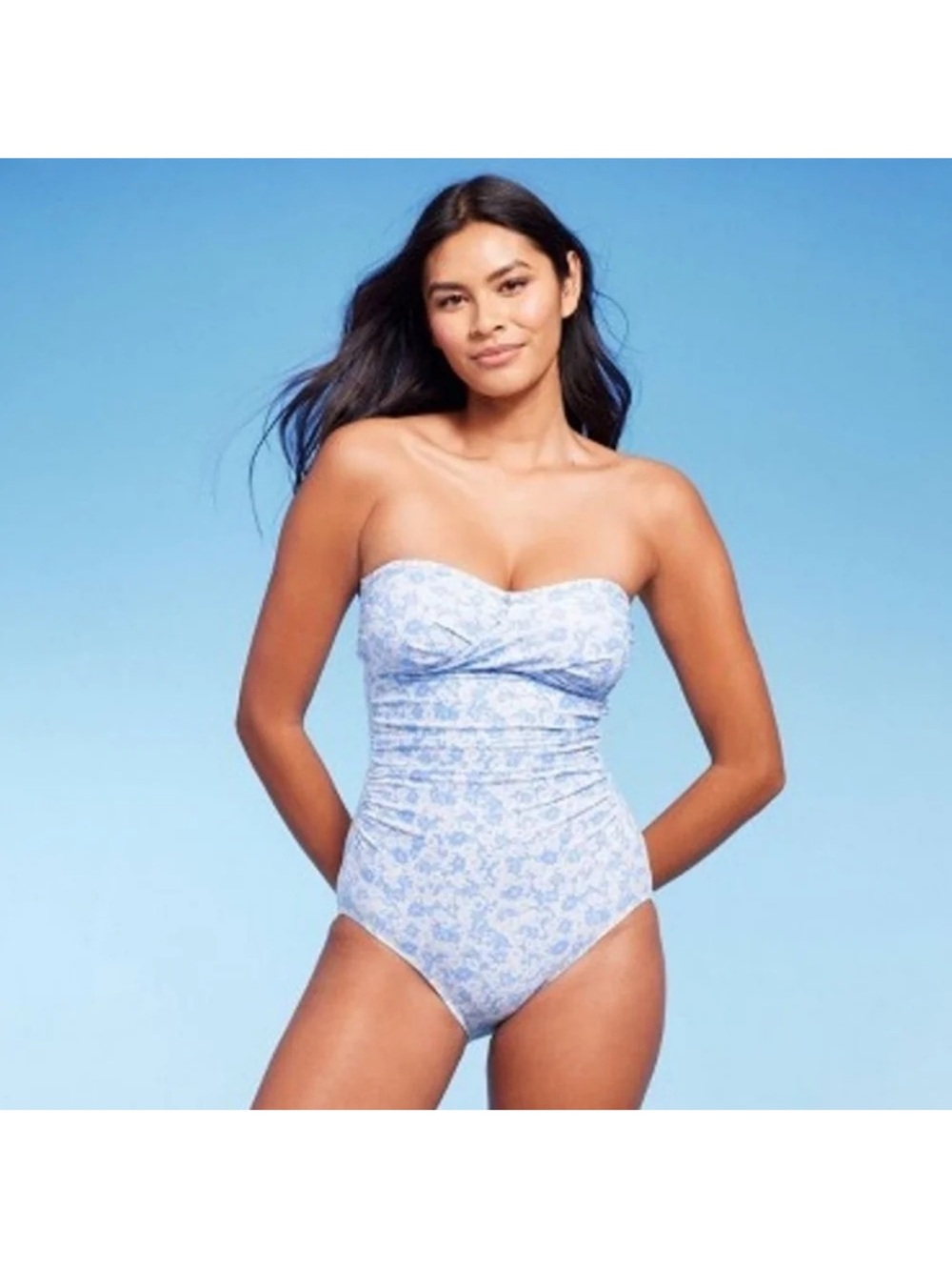 Kona Sol Light Blue Floral Strapless One-Piece Swimsuit